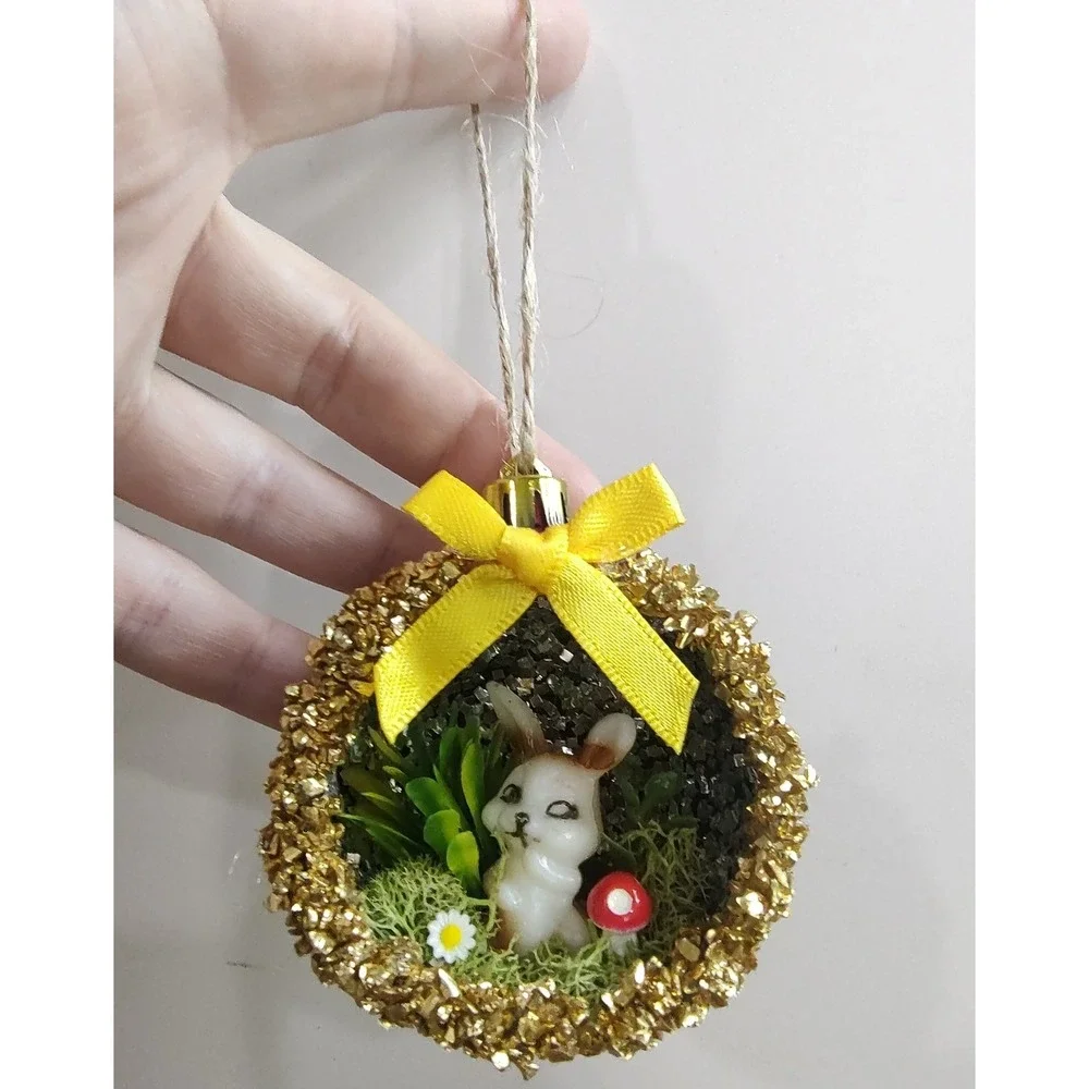 Bunny Rabbit Christmas Ornament Handmade Vtg Style OOAK Shatterproof Diorama